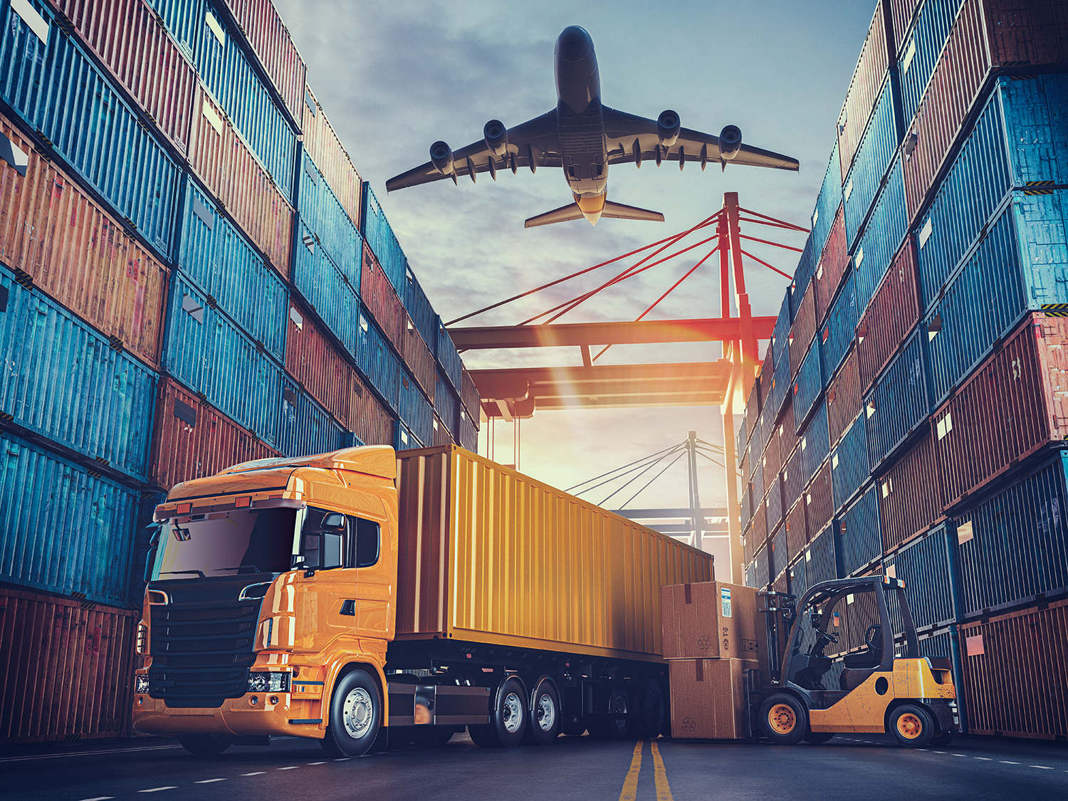 Transportation and logistics of Container Cargo ship and Cargo plane. 3d rendering and illustration.